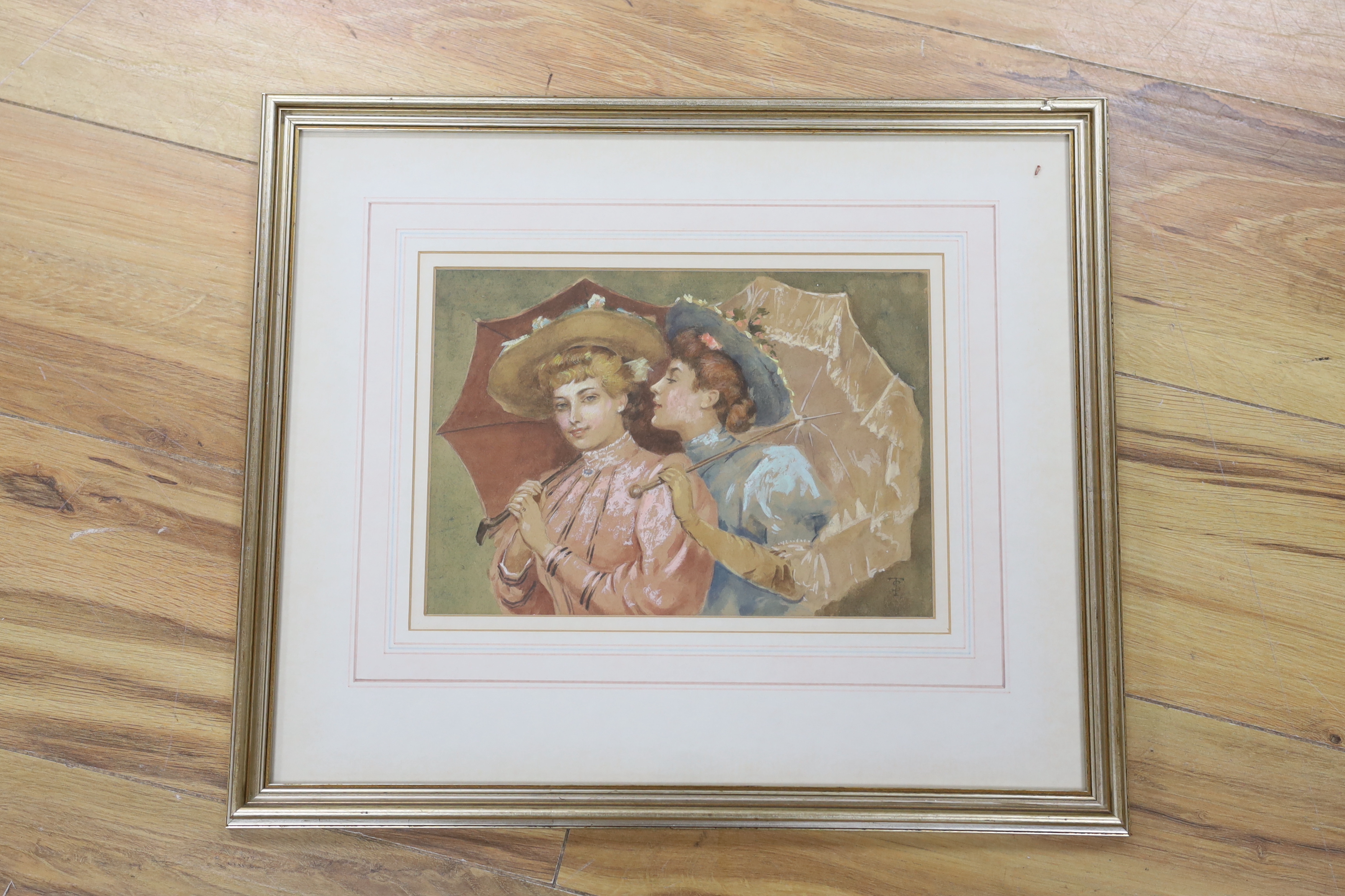 Early 20th century, heightened watercolour, Two Edwardian ladies, monogrammed TS, 17 x 24cm